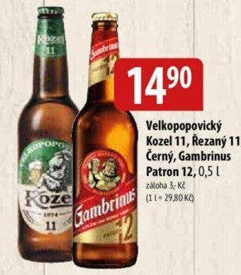 Bala Velkopopovický Kozel 11, Řezaný 11, Černý, Gambrinus Patron 12, 0,5 l nabídka