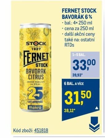 Makro FERNET STOCK BAVORÁK 6% nabídka