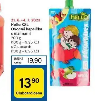 Tesco Hello xxl ovocná kapsička s malinami nabídka