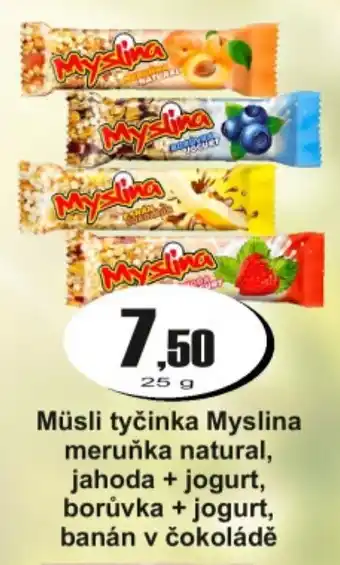 Müsli tyčinka Myslina meruňka natural, jahoda + jogurt, borůvka + jogurt, banán v čokoládě
