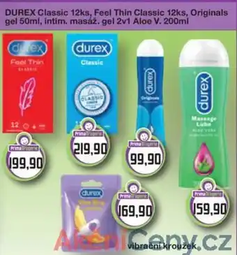 Prima Drogerie DUREX Classic 12ks, Feel Thin Classic 12ks, Originals gel 50ml, intim. masáž. gel 2v1 Aloe V. 200ml nabídka