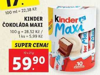 Lidl Kinder čokoláda maxi, 10x 21 g nabídka