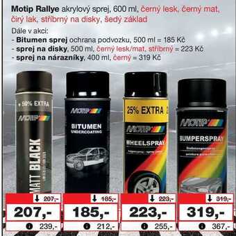 Barvy a laky drogerie Motip rallye akrylový sprej, 600 ml, černý lesk, černý mat, čirý lak, stříbrný na disky, šedý základ nabídka