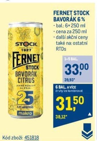 Makro FERNET STOCK BAVORÁK 6% • bal.: 6x 250 ml nabídka