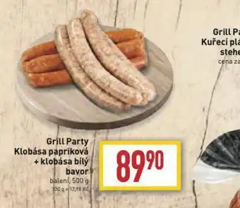 Billa Grill party klobása papriková + klobása bílá bavor nabídka