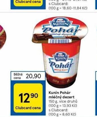Tesco Kunín pohár mléčný dezert nabídka