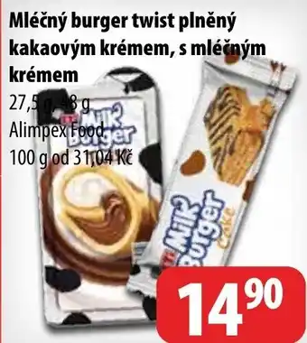 Partner Maloobchodní síť Mléčný burger twist plněný kakaovým krémem, s mléčným krémem nabídka