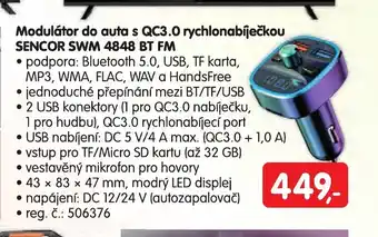 Modulátor do auta s QC3.0 rychlonabíječkou SENCOR SWM 4848 BT FM