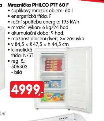 Mraznička PHILCO PTF 60 F šuplíkový mrazák objem: 601 energetická třída: F