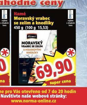 Norma Hamé moravský vrabec se zelím a knedlíky nabídka