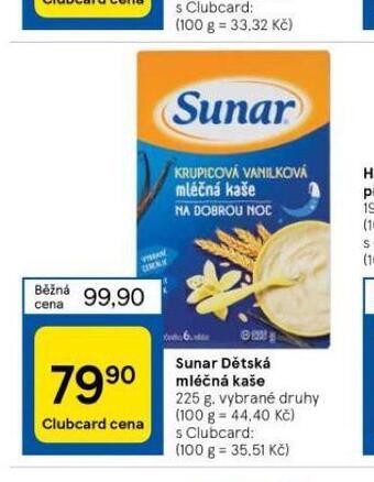 Tesco Sunar dětská mléčná kaše nabídka
