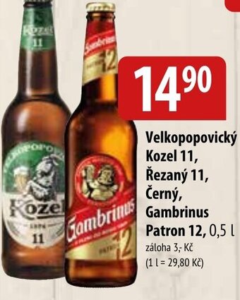Bala Velkopopovický Kozel 11, Řezaný 11, Černý, Gambrinus Patron 12, 0,5 L nabídka