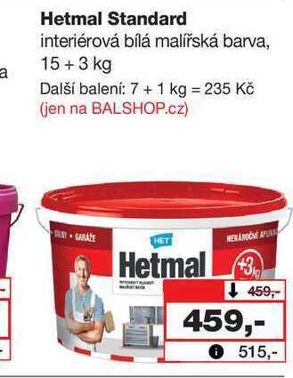 Barvy a laky drogerie Hetmal standard interiérová bílá malířská barva, 15+ 3 kg nabídka