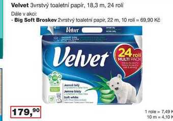 Ráj drogerie Velvet 3vrstvý toaletní papír, 18,3 m, 24 rolí nabídka