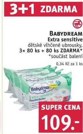 Rossmann Babydream extra sensitive dětské vlhčené ubrousky, 3x 80 ks + 80 ks zdarma* nabídka