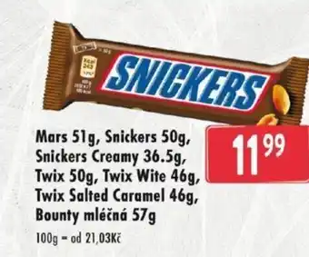 Qanto Mars 51g, Snickers 50g, Snickers Creamy 36.5g, Twix 50g, Twix Wite 46g, Twix Salted Caramel 46g, Bounty mléčná 57g 100g nabídka