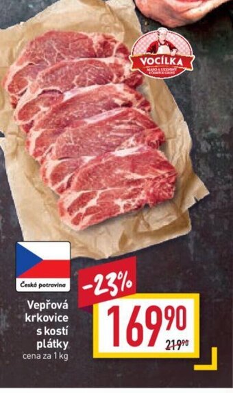 Billa Vepřová krkovice s kostí plátky cena za 1 kg nabídka