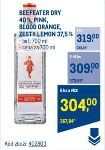 Makro BEEFEATER DRY 40%, PINK, BLOOD ORANGE, ZESTY LEMON 37,5% nabídka