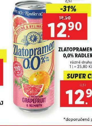 Lidl Zlatopramen 0,0% radler nabídka