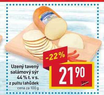 Billa Uzený tavený salámový sýr 44% t. vs. z pultu lahůdek cena za 100 g nabídka