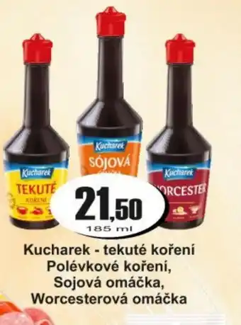 Kucharek - tekuté koření Polévkové koření, Sojová omáčka, Worcesterová omáčka