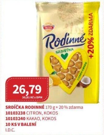 Kubík potraviny SRDÍČKA RODINNÉ 170 g + 20% zdarma 10103238 CITRON, KOKOS 10103240 KAKAO, KOKOS 10 KS V BALENÍ I.D.C. nabídka