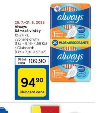 Tesco Always dámské vložky nabídka