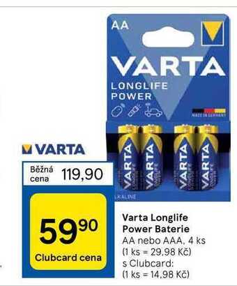 Tesco Varta longlife power baterie aa nebo aaa, 4 ks nabídka