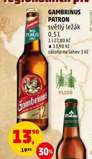 Penny Market Gambrinus patron světlý ležák, 0,5 l nabídka