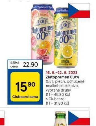 Tesco Zlatopramen radler 0,0% nabídka