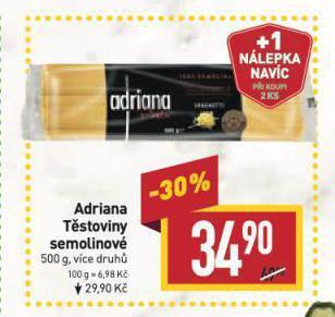 Billa Adriana těstoviny nabídka
