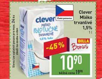 Billa Clever mléko trvanlivé 1,5% 1l nabídka
