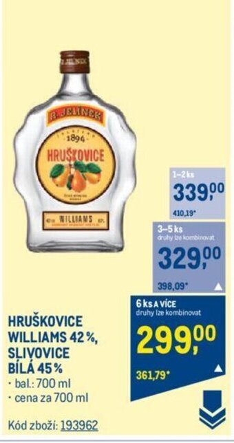 Makro HRUŠKOVICE WILLIAMS 42%, SLIVOVICE BÍLÁ 45% nabídka
