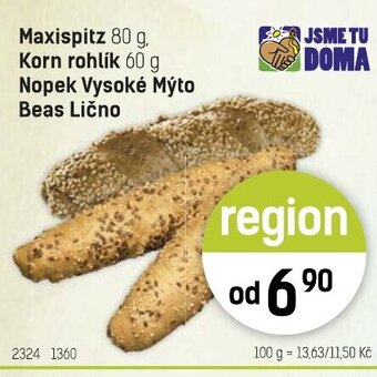 Konzum Maxispitz 80 g, Korn rohlík 60 g Nopek Vysoké Mýto Beas Lično nabídka