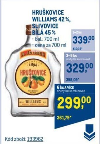 Makro HRUŠKOVICE WILLIAMS 42%, SLIVOVICE BILA 45% nabídka