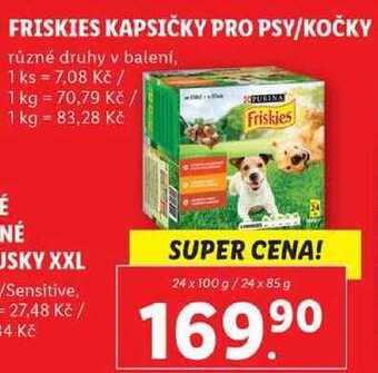 Lidl Friskies kapsičky pro psy/kočky, 24x 100 g/24x 85 g nabídka
