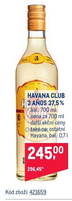 Makro HAVANA CLUB 3 AÑOS 37,5% nabídka