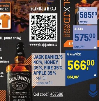 Makro JACK DANIEL'S 40%, HONEY 35%, FIRE 35%, APPLE 35% nabídka