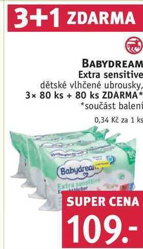 Rossmann Babydream extra sensitive dětské vlhčené ubrousky, 3x 80 ks + 80 ks zdarma nabídka