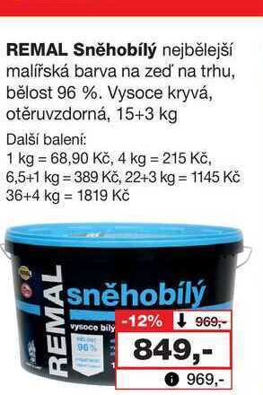 Barvy a laky drogerie Remal sněhobílý nejbělejší malířská barva na zeď' na trhu, bělost 96 %. vysoce kryvá, otěruvzdorná, 15+3 kg nabídka