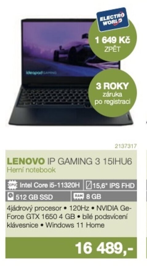 Electro World LENOVO IP GAMING 3 15IHU6 Herní notebook nabídka
