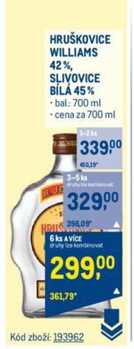 Makro HRUŠKOVICE WILLIAMS 42%, SLIVOVICE BÍLÁ 45% nabídka