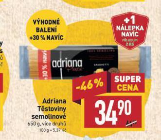 Billa Adriana těstoviny nabídka