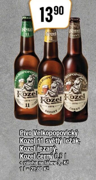 Pivo Velkopopovický Kozel 11 světlý ležák, Kozel řezaný, Kozel černý 0,5 l.