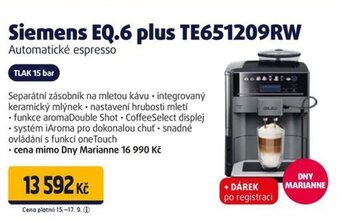 Datart Siemens EQ.6 plus TE651209RW Automatické espresso nabídka