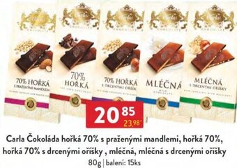Qanto Carla Čokoláda hořká 70% s praženými mandlemi, hořká 70%, hořká 70% s drcenými oříšky, mléčná, mléčná s drcenými oříšky nabídka