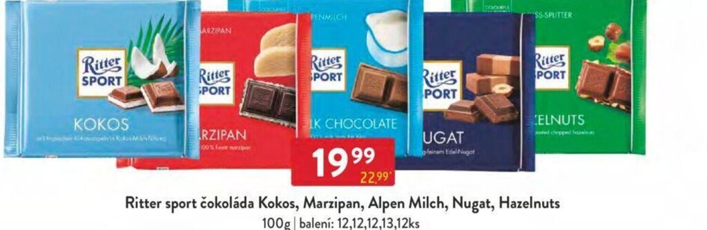 Qanto Ritter sport čokoláda Kokos, Marzipan, Alpen Milch, Nugat, Hazelnuts nabídka