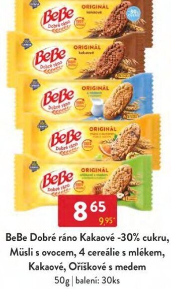 BeBe Dobré ráno Kakaové -30% cukru, Müsli s ovocem, 4 cereálie s mlékem, Kakaové, Oříškové s medem 50g