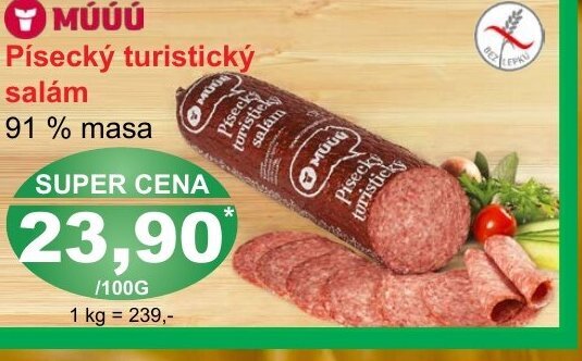 PLUS JIP MÚÚÚ Písecký turistický salám 91% masa nabídka