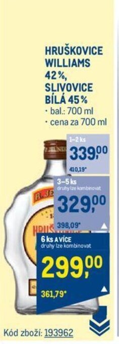 Makro HRUŠKOVICE WILLIAMS 42% SLIVOVICE BÍLÁ 45% nabídka